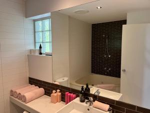 洛恩洛恩世界酒店的一间带水槽、浴缸和镜子的浴室
