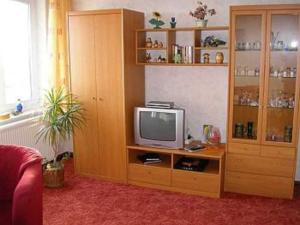 Neu MukranRuegen_Fewo 285的一间客厅,客厅内配有一台电视,位于一个木制娱乐中心