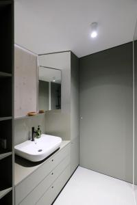林茨SCHICK und LUFTIG im Herzen von Linz的浴室设有白色水槽和镜子