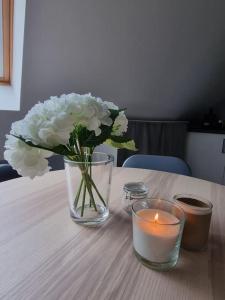 普洛布塞姆Studio de la Demi Lune的花瓶,花朵花,桌子上放着蜡烛