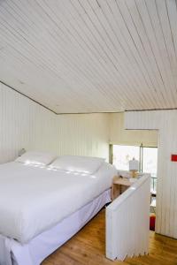 皮斯科艾齐Milodge Elqui Domos的卧室配有一张白色大床和一张书桌