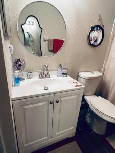 拉斯金Ruskin FL private 2 bdrm 1 bath suite Common areas shared with host的一间带水槽、镜子和卫生间的浴室