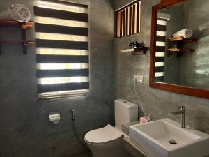 蒂瑟默哈拉默Saffron Lake Yala的一间带卫生间、水槽和镜子的浴室