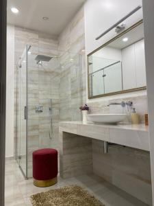 考纳斯Old town apartment的浴室配有盥洗盆和带镜子的淋浴