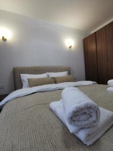 斯特鲁米察007 Apartments - Strumica, Macedonia的一间卧室配有两张带毛巾的床