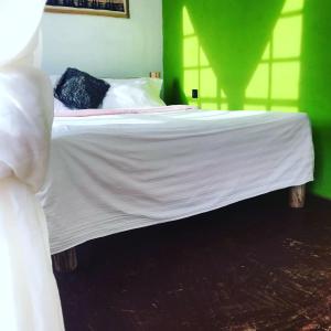 卡拉图Sonofjohnhomestay的绿色客房内的一张床位,配有白色的床罩