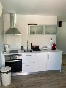 比索达雷加DouroXisto的白色的厨房设有水槽和炉灶。