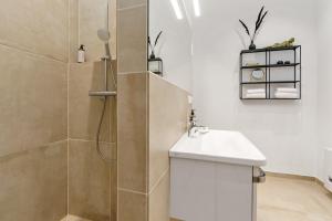 不莱梅Loft-Appartements mit Terrasse的带淋浴和盥洗盆的浴室