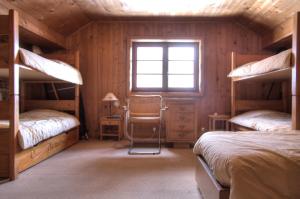 夏蒙尼-勃朗峰La Ribambelle的一间卧室设有两张双层床和一扇窗户。