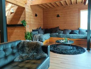 二世古Hooting Owl private ski chalet的客厅配有真皮沙发和桌子