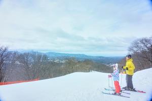 轻井泽轻井泽西王子酒店的雪上滑雪的女人和孩子