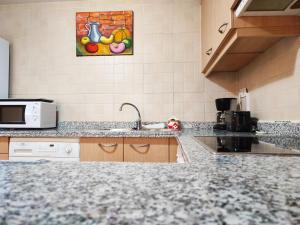 索尔德乌AC Apartaments Pleta Soldeu的厨房配有台面和微波炉