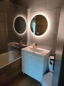 布齐耶比利牛斯2000Appartement confort et style en pied de piste的一间带水槽、卫生间和两面镜子的浴室