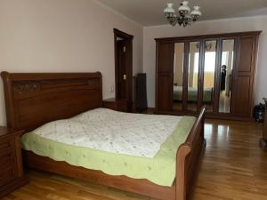 塔什干4-room apartment in the center of Tashkent的一间卧室配有一张床和一个吊灯