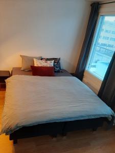 拉赫蒂Cosy apartment in the heart of Lahti, free parking的窗户间内的一张带枕头的床