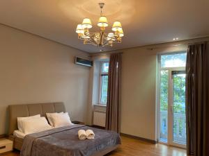 巴库Central Park apartment的一间卧室配有一张床和一个吊灯