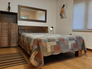 里加Champêtre Park View Apartments的一间卧室配有一张带毯子和镜子的床