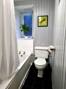 斯特灵Nicky-Tams Bar & Apartments的一间带白色卫生间的浴室和窗户。
