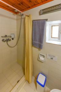 VathýThe Kalivi的带淋浴和蓝毛巾的浴室