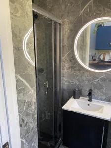 都柏林Beechtree House的浴室配有盥洗盆和带镜子的淋浴