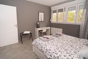 奥西耶克Apartman Ina的卧室配有一张床、一张书桌和窗户。