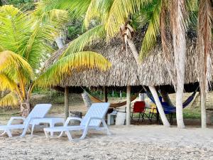San OnofreCasita Caribe en reserva natural, playa privada, kayaks, wifi, aire acondicionado的海滩上的两把椅子和一张吊床