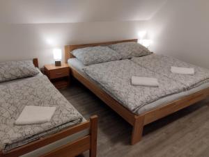 乌帕河畔斯沃博达Apartmány Zlatý Hamr的卧室内的两张床,配有两盏灯