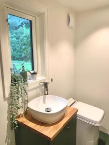 格里姆斯塔Tiny house - idyllic accommodation的一间带白色水槽和窗户的浴室