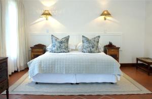 马加利斯堡布得玛施乡村山林小屋的一间卧室配有白色床和蓝色枕头