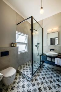 开普敦iGadi House Boutique Hotel的带淋浴、卫生间和盥洗盆的浴室