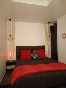 Rosières-près-TroyesÉvasion avec jacuzzi intérieur的一间卧室配有一张带红色枕头的大床