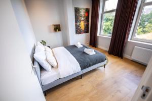 鹿特丹Spacious 2 Bedroom Serviced Apartment 77M2 -VP2B-的一间卧室设有一张床和两个窗户。