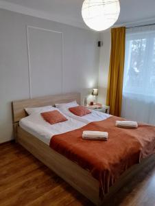 巴尔切沃Apartament Warmińska的一间卧室配有一张大床和两条毛巾