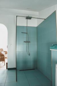 伊斯纳哈尔Lake room 2的浴室设有玻璃淋浴间,铺有蓝色瓷砖