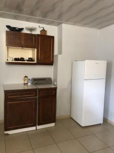 科布列季House 122的厨房配有白色冰箱和木制橱柜。
