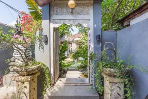 登巴萨Villa Maloa的蓝色门和盆栽植物的入口