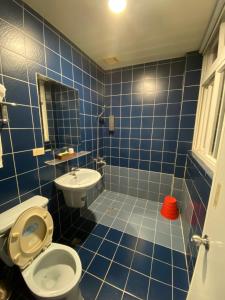 台北Rich Zone Hotel的蓝色瓷砖浴室设有卫生间和水槽