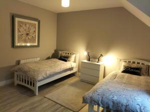 Ó MéithDolmen Apartment Carlingford Lough,Omeath的一间卧室设有两张床,另一间卧室设有一张床铺。