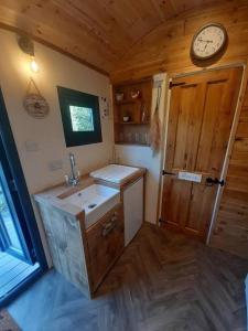 GwalchmaiShepherds Hut with hot tub on Anglesey North Wales的一间带水槽和墙上时钟的浴室