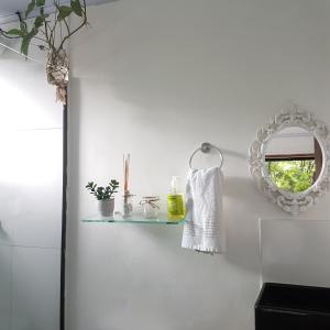 阿布拉奥Suites casa do indio jungle, a melhor vista da floresta的浴室设有镜子和墙上的架子