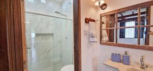 乌巴图巴Casinha D&K - Itaguá的带淋浴、盥洗盆和镜子的浴室