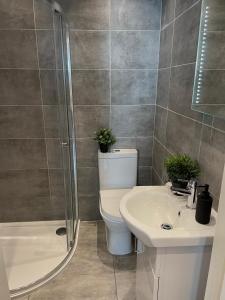珀利Beautiful Studio flat的浴室配有卫生间、盥洗盆和淋浴。