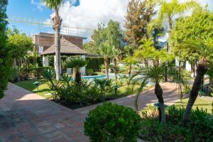 马贝拉Luxury apartamento en río real的一个带棕榈树和游泳池的庭院