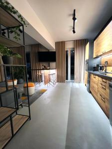 扎托尔Premium Apartment Eleven的开放式厨房和带电视的客厅