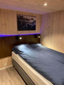 松达尔Fjelltun Lodge的木墙客房内的一张大床