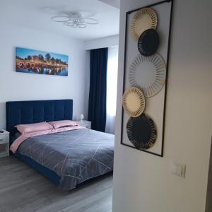 锡比乌Studio Acasă的一间卧室配有一张带蓝色床头板和镜子的床。