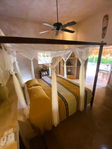 特隆戈内斯Troncones Point Hostel的一间卧室配有一张天蓬床和吊扇