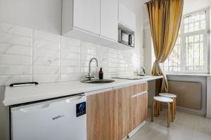 敖德萨KayKay Apartments的白色的厨房配有水槽和洗碗机