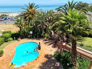 戈登湾Apartment18Lifestyle Gordons Bay Beachfront的享有棕榈树游泳池和海滩的顶部景色