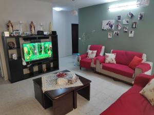伯利恒Fully Furnished Apartment in Bethlehem Center的客厅配有粉红色的沙发和电视